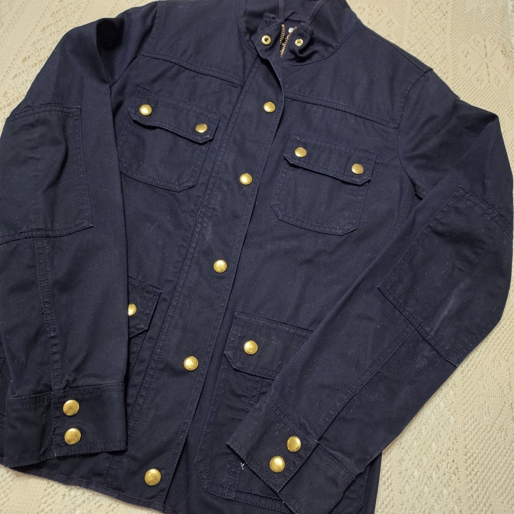 J. Crew Women's Relaxed Boyfriend Field Jacket Navy Blue Gold Snaps Size Small